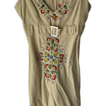 Y2K Max‎ Rave Beige Linen Mini Dress S Embroidered Floral Cottagecore Photo 0