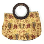 Vintage Braciano clutch women’s beaded paisley floral round‎ wooden handle bag Tan Photo 0