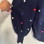 Crown & Ivy 1X Navy Multicolor Pom Pom Sweater Bishop Sleeve Ribbed Party Fun Photo 2