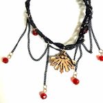 Black Lace Choker Necklace with Chain Drapes & Red Crystal Drops Photo 5