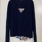 Ecru  Navy knit vneck silk floral detail back lightweight sweater top size medium Photo 0