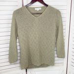 Petite Sophisticate Vintage  Beaded Linen Blend V Neck Sweater Olive Medium Photo 6