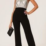 Black Halo Genesis Black Silver Wide Leg Halter Cocktail Jumpsuit Size 2 Photo 0