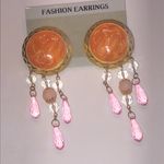 Vintage Gold Tone and Orange Shimmer Pink Beaded Retro Dangle Earrings Photo 1