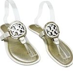 Tory Burch Metallic Gold Cream Fringe Miller Logo Sandals Flip Flops Size 8 Photo 0