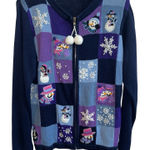 Victoria Jones Snowman Christmas Sweater Women's S Zip Up Embroidered Snowflakes Blue Photo 0