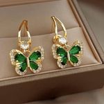 18K Gold Plated Green Crystal Butterfly Dangle Drop Earrings for Women Photo 1