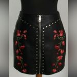 Embroidered faux leather black zip front floral mini skirt size Medium Photo 2