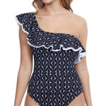 Profile by Gottex‎ Ruffle One Shoulder 12 Navy Blue White One Piece Swimsuit Photo 0