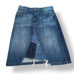 Time and Tru Denim Midi Skirt Size 8 Dark Wash Frayed Hem Patchwork Retro Blue Photo 0