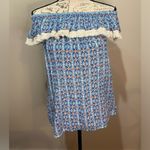 Roberta Roller Rabbit ROBERTA‎ ROLLER RABBIT Lucia Fringe Off Shoulder Top Blue Tile Print sz S Photo 4