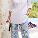 Soft Surroundings Aliso Point Linen Pants in Blue Tile Print Size Large NEW Photo 0