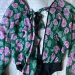 Lulus  Silky V-Neck Long Puff Sleeve Green Purple Floral Bodysuit Top XS Formal‎ Photo 6
