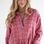 Natural Life  Montana Pink Plaid Metallic Gold Thread Button Top Pintuck Small Photo 0