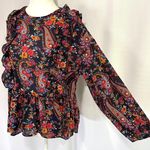 H&M New Paisley Floral Print Ruffle Trim Peplum Blouse Navy Multi Photo 6