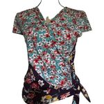 Loveappella Faux Wrap Floral Top Size XS Blue Purple Colorblock Stretch Tie Boho Photo 0
