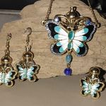 Perfume Butterfly Statement Jewelry Set Necklace Earring Ring Enamel Detailing Blue Photo 0