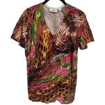 Quacker Factory  Leopard and Floral Print Rhinestone Blouse Artsy Eclectic Fun S Photo 1