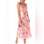 Maison Tara V Neck Pink Watercolor Floral Maxi Dress with Bow Straps size 6 $148 Photo 6