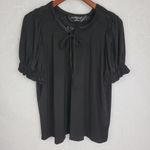 Norma Kamali  Womens Blouse Size S Black Smocked Short Sleeve Tie Front Stretch Photo 6