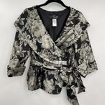 Alex Evenings  Floral Faux Wrap Blouse Top Black Silver Portrait Collar Small Photo 0