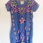 Lulalife Cotton Blue Colorful Embroidered Mini Short Sleeve Summer Dress Size XS Photo 0