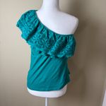 Anthropologie One Shoulder Eyelet RUffle Knit Top Shirt Blouse Size Small Green Photo 5