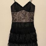 BCBGMAXAZRIA ostrich feather trim mini dress, lace inlay, nude satin lining,sz 4 Photo 0