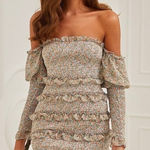 Alamour The Label Jules Floral‎ Off the Shoulder Ruffle Dress Cottage Size Large Blue Photo 0