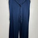 Halston Heritage Halston Wide Leg Pants Navy Blue Satin Gorgeous High Waisted Belted Size 14 Photo 0