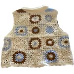 Rebellion Crochet square cream , light blue & brown Vest with Floral Pattern top Photo 5