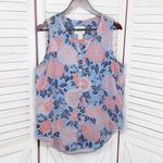 Cynthia Rowley Floral Linen Sleeveless Shirt Button Front Blue Coral Red Large Photo 5