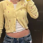 Mango Flowers Knit Cardigan in yellow with tiny embroidered pink flowers sz. XL Photo 0