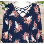 Justify Blue Longhorn Skull Flowers Floral Top Blouse Size 3X Stretch 3/4 Sleeve Photo 1