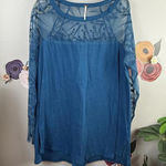 Free People Blue Lace Shoulder Long Sleeve Knit Oversized Top - Size - Small Photo 0