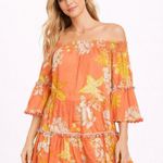 True Destinations Coral Yellow Floral Off Shoulder Bell Sleeve Boho Dress Size M Orange Size M Photo 0