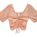 H&M Orange Floral Smocked Short Puff Sleeve Crop Top Cinched Front Size Small Photo 0