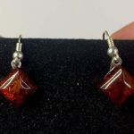 Sterling Silver 925 Diamond Shape Baltic Amber Drop Dangle Earrings Orange Photo 1
