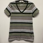 Reebok Womens Med PlayDay T-Shirt V neck Short Sleeves Green Grey White Stripes Photo 0