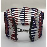 Beautiful Native American Metal and Beaded Cuff Bracelet Red Blue White Photo 5
