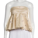 Natasha Zinko Strapless Peplum Tube Top Gold Embroidered Pom Pom Flowers sz 4 Photo 0