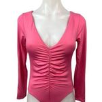 ZARA  Pink Ruched Cinched V-neck Long Sleeve Stretch Bodysuit Thong Top Size M Photo 0