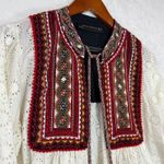 ZARA XS Embellished Red Embroidered White Cardigan Top Mirror PomPom Boho Beachy Photo 2