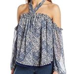 MISA Los Angeles Women’s Size XS Blue White Print Livey Off The Shoulder Blouse Photo 0