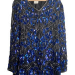 Papell Boutique Evening XL Black Blue Sequin Beaded Silk Tunic Party Cocktail Photo 0