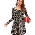 Leopard Print Dress Womens XS Brown Long Sleeve Casual Loose TShirt Dress B3 Photo 0
