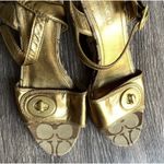 Coach Women’s Size 7 Wedge Sandals Peep For Patent Leather Navy Blue Khaki Cc Photo 6