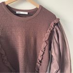 ZARA Brown Ruffle Blouse Knit Puff Sheer Long Sleeves Crew Neck Sweater Top EUC Photo 5