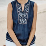 J. Jill Denim Indigo Chambray Embroidered‎ Sleeveless Blouse 100% Lyocell Boho M Blue Size M Photo 0