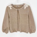 Darling Angora Blend Embroidered Pearl Embellished Cardigan Size Medium Tan Photo 0